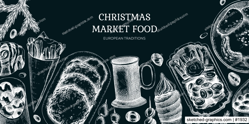 Traditional European Christmas market food background. Fast food menu design on chalkboard. hand-drawn vector illustration. Mulled wine, potato pancakes, French fries, pastries, raclette sketches.