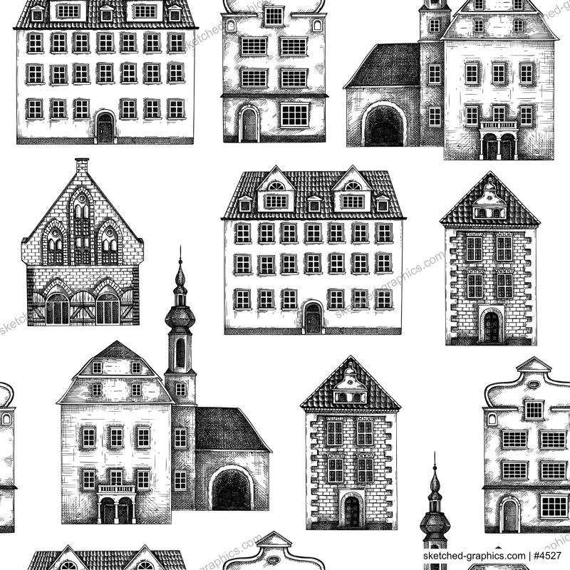 European city architecture background. Vintage houses seamless pattern. Old buildings hand-drawn vector illustration. Architectural design.  NOT AI generated