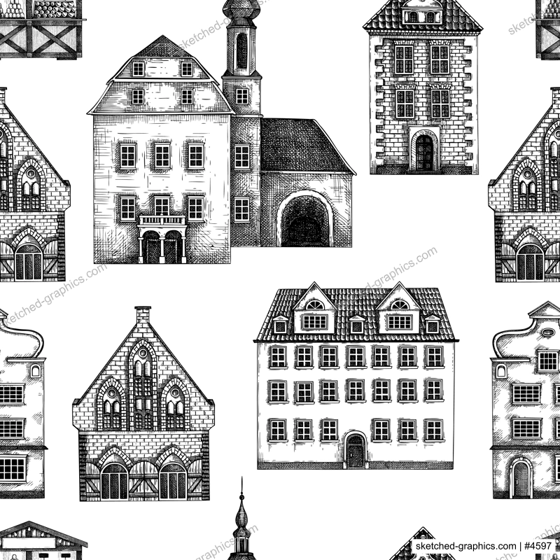 European city architecture bakground. Vintage houses seamless pattern. Old buildings hand-drawn vector illustration. Architectural design.  NOT AI generated