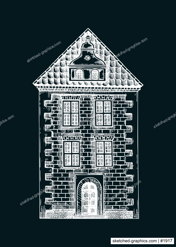 European city attractions. Architecture sketch. Old building drawing on chalkboard. Vintage house hand-drawn vector illustration. Architectural design element.  NOT AI generated