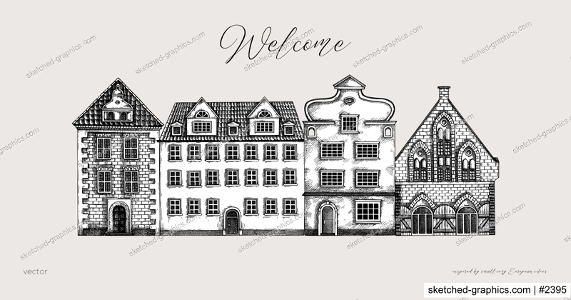 European city architecture sketch. Old building drawings. Vintage houses banner. Hand-drawn vector illustration. Architectural card design.  NOT AI generated