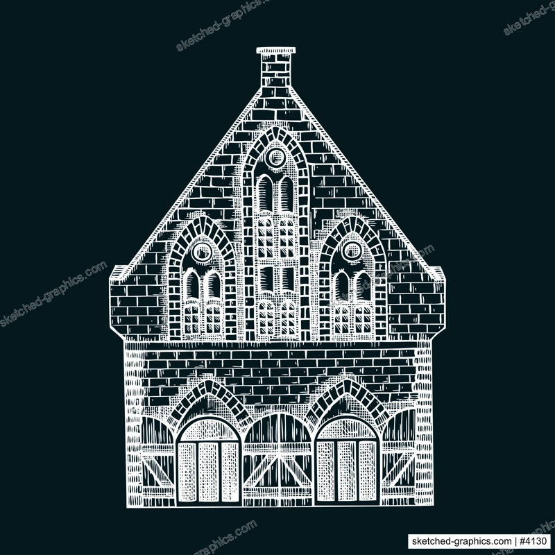 European city attractions. Architecture sketch. Old building drawing on chalkboard. Vintage house hand-drawn vector illustration. Architectural design element.  NOT AI generated