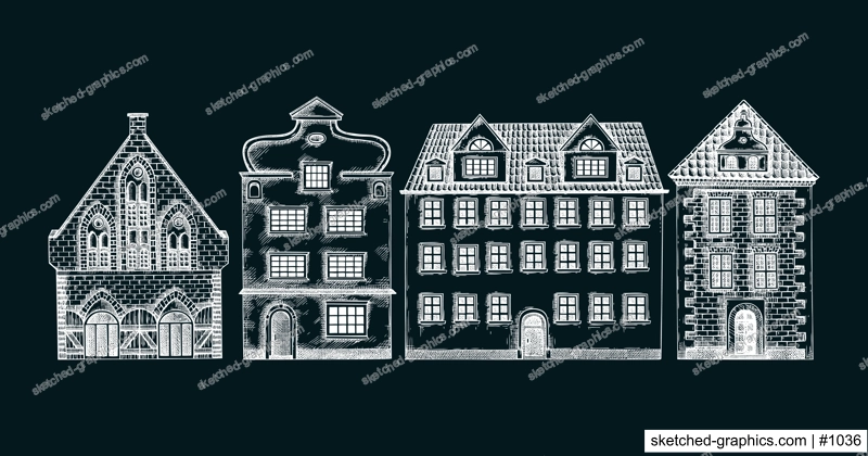 European city architecture sketch. Old building drawings on chalkboard. Vintage houses set. Hand-drawn vector illustration. Architectural card design.  NOT AI generated