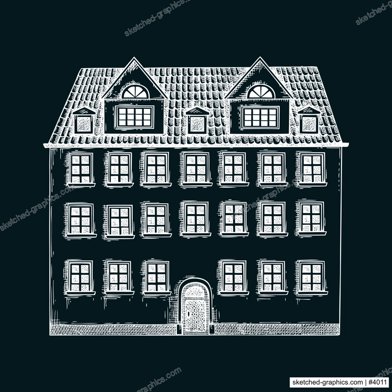 European city attractions. Architecture sketch. Old building drawing on chalkboard. Vintage house hand-drawn vector illustration. Architectural design element. NOT AI generated