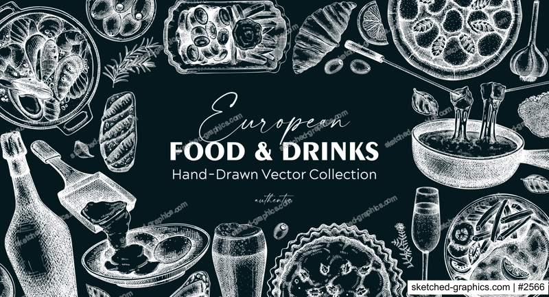 European food background. Traditional Europe cusine. Hand drawn vector illustration on chalkboard. Perfect restaurant menu, packaging, or prints. NOT AI generated