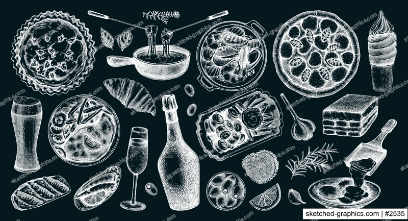 European food hand drawn vector illustration. Traditional Europe dishes on chalkboard. Perfect restaurant menu, packaging, or prints. NOT AI generated