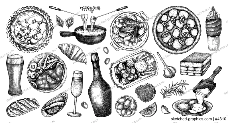 European food hand drawn vector illustration. Traditional Europe dishes in engraved style. Perfect restaurant menu, packaging, or prints. NOT AI generated