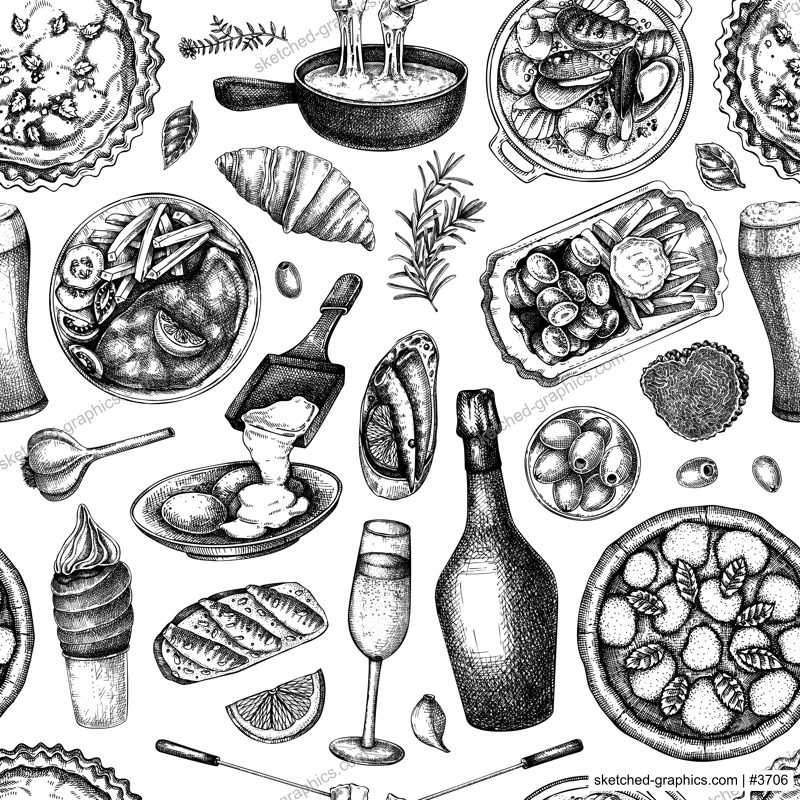 European food background. Traditional Europe cusine seamless pattern. Hand drawn vector illustration. Perfect restaurant menu, packaging, prints. NOT AI generated