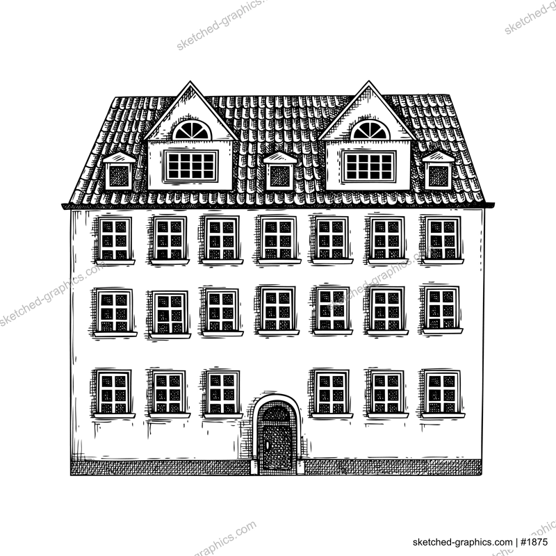 European city architecture sketch. Traditional old building drawing. Vintage style mansoin house hand-drawn vector illustration. Architectural design element.  NOT AI generated