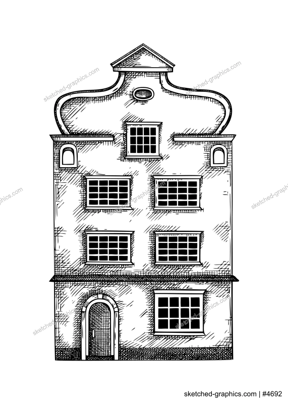 European city architecture sketch. Traditional old building drawing. Vintage style town house hand-drawn vector illustration. Architectural design element.  NOT AI generated