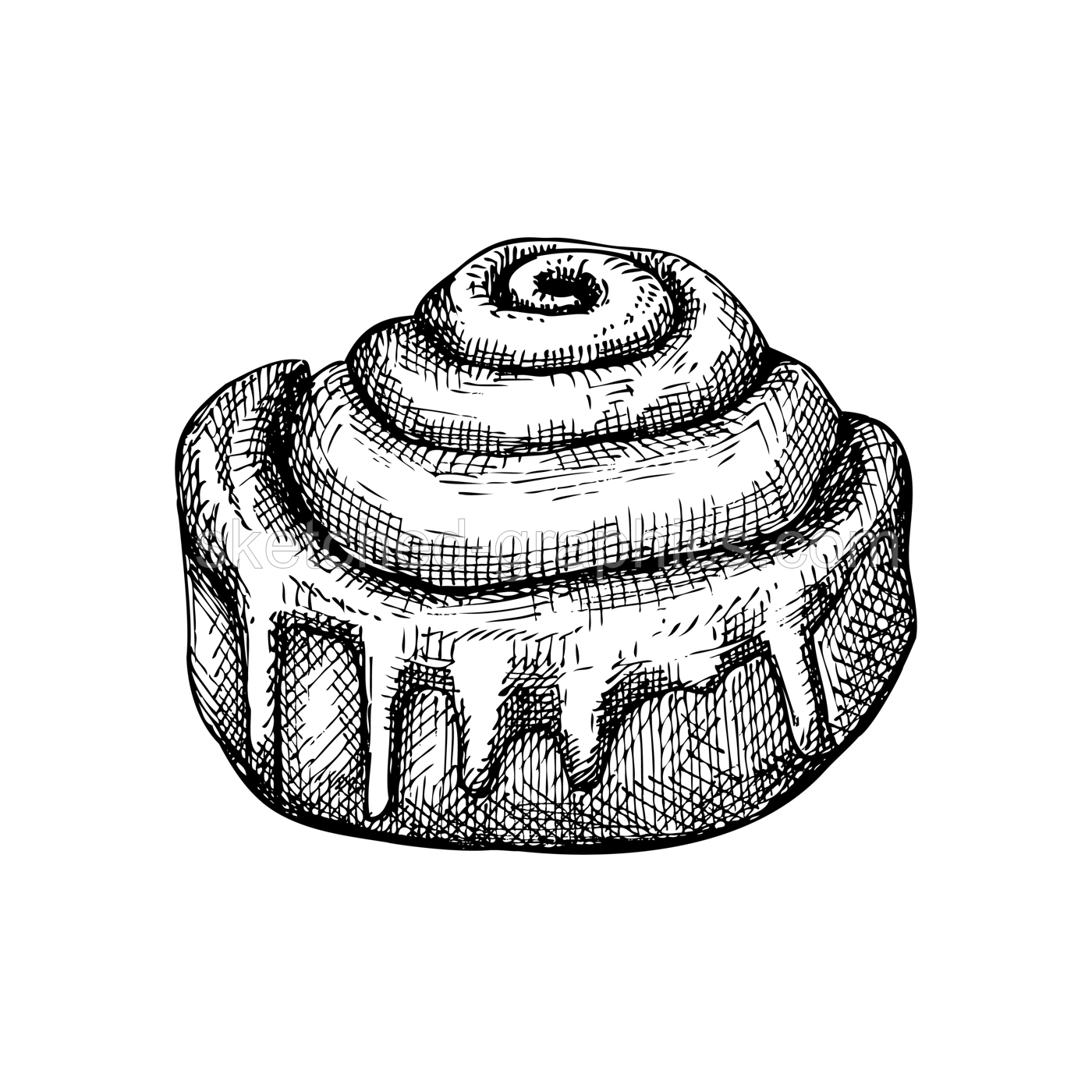 Sketched cinnamon roll illustration. Vector sketch of traditional baked product. Cinnamon bun with cream, sugar, cinnamon drawing. Bakery goods sketch in vintage style. Sweet food. Illustration