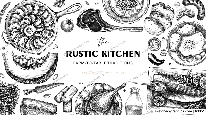 Farm food background in engrved style. Hand drawn vector illustration. Farmhouse kitchen sketches. Family dinner frame design. NOT AI generated.