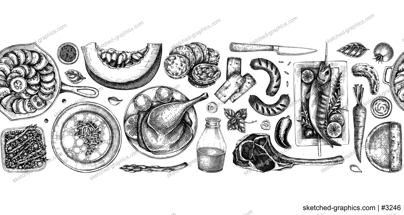 Farm food border design. Hand drawn vector illustrations. Rustic kitchen engraved style sketched. Food seamless pattern. NOT AI generated.
