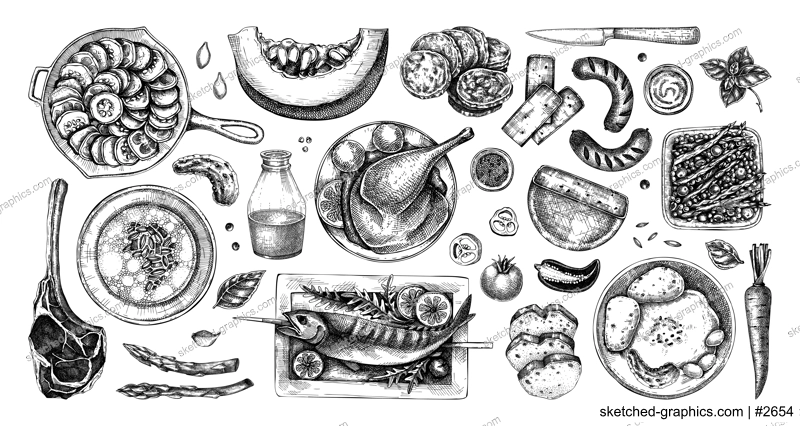 Farm food hand drawn vector illustrations. Rustic kitchen engraved style sketches. NOT AI generated.