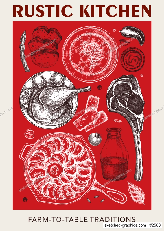 Farm food hand drawn vector illustration. Rustic kitchen engraved style poster design. NOT AI generated.