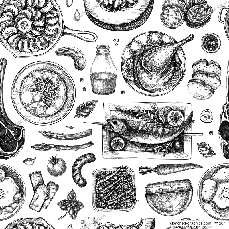 Farm food background. Hand drawn vector illustrations. Rustic kitchen engraved style sketches. Food seamless pattern. NOT AI generated.