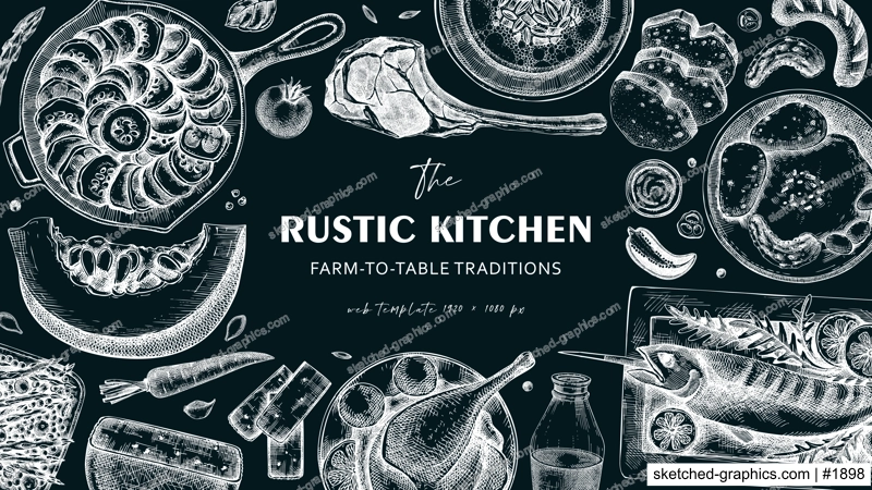 Farmhouse food background. Hand drawn vector illustrations. Rustic kitchen chalk drawings. Family dinner banner design. NOT AI generated.