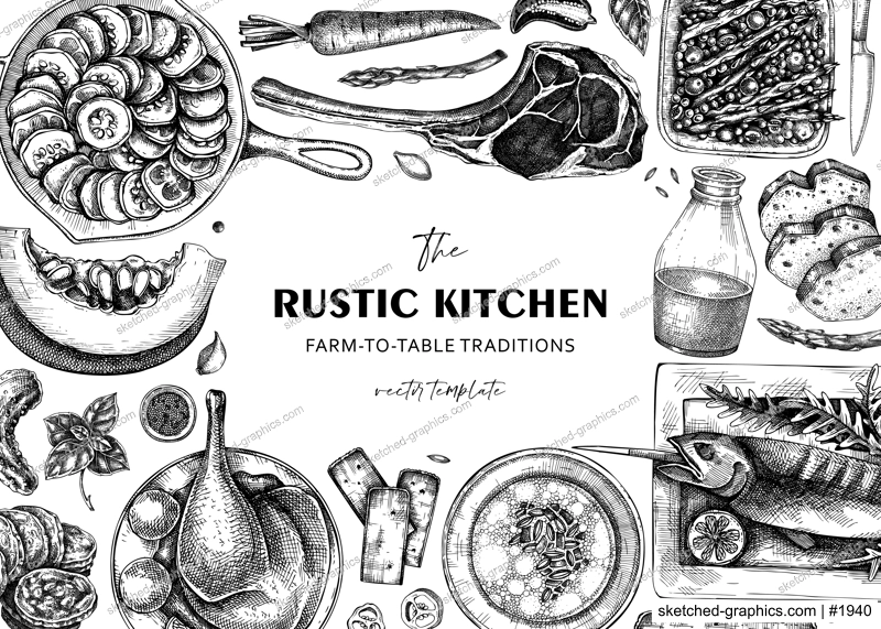 Farmhouse food background. Hand drawn vector illustrations. Rustic kitchen sketch. Family dinner frame design. NOT AI generated.