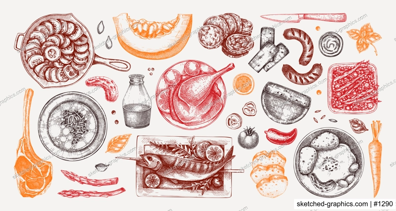 Farmhouse food hand drawn vector illustrations. Rustic kitchen engraved style sketches. Family dinner design elements. NOT AI generated.