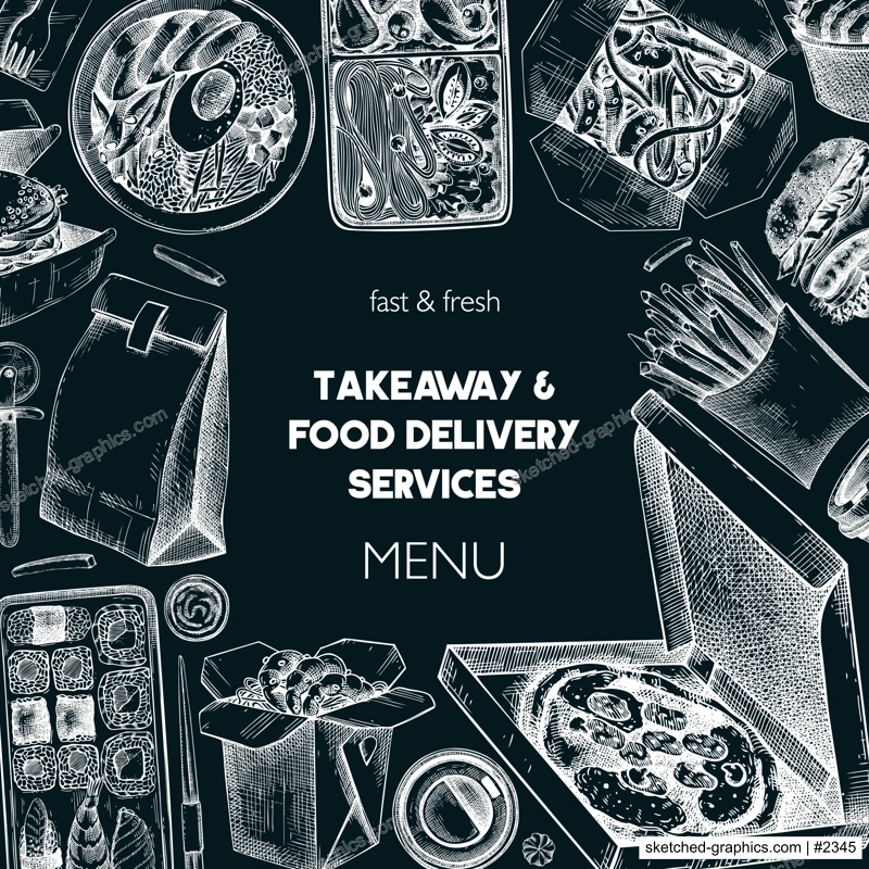 Engraved fast food background. Hand-drawn vector illustration on chalkboard. Burger, pizza box, paper bag, coffee cup sketch. Takeaway food menu design. Restaurant delivery banner template