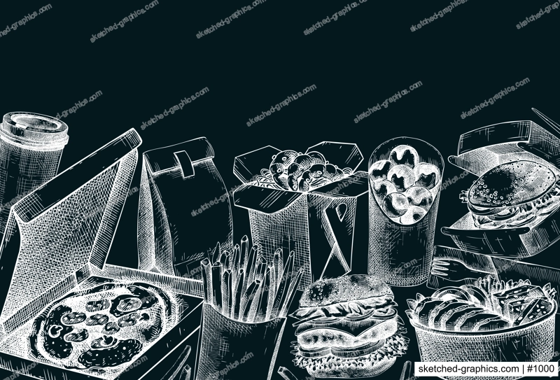Fast food background. Hand drawn vector illustration on chalkboard. Food delivery, takeaway food, takeout food in paper box, fast food menu design. Pizza, burger, coffee, noodles, poke, sushi sketch