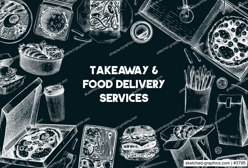 Fast food background. Hand drawn vector illustration on chalkboard.  Food delivery, takeaway food, takeout food in paper box, fast food menu design. Pizza, burger, coffee, noodles, poke, sushi sketch
