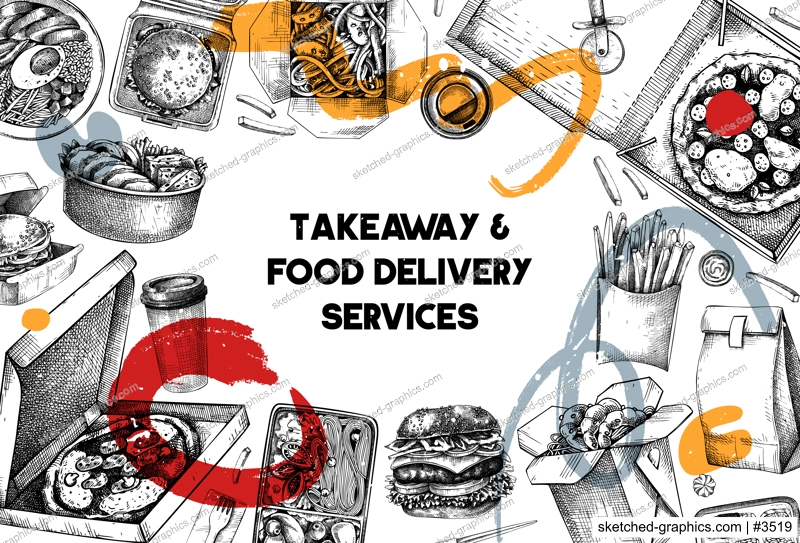 Fast food background. Hand drawn vector illustration. Collage style.  Food delivery, takeaway food, takeout food in paper box, fast food menu design. Pizza, burger, coffee, noodles, poke, sushi sketch