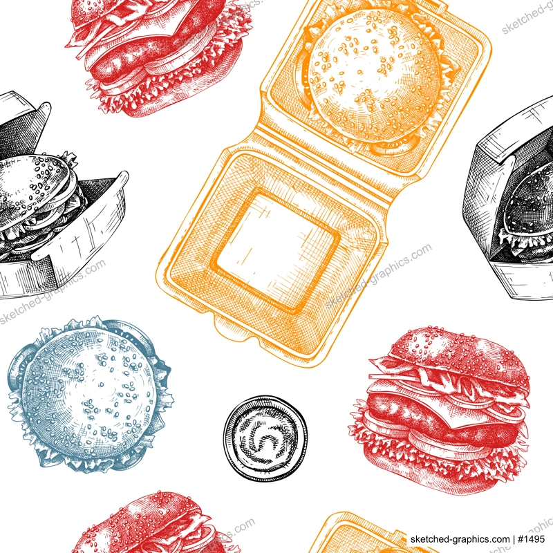 Fast food restaurant background. Burgers seamless pattern. Hand drawn vector illustration. Cardboard boxes for takeaway food, food delivery paper, plastic container sketches.