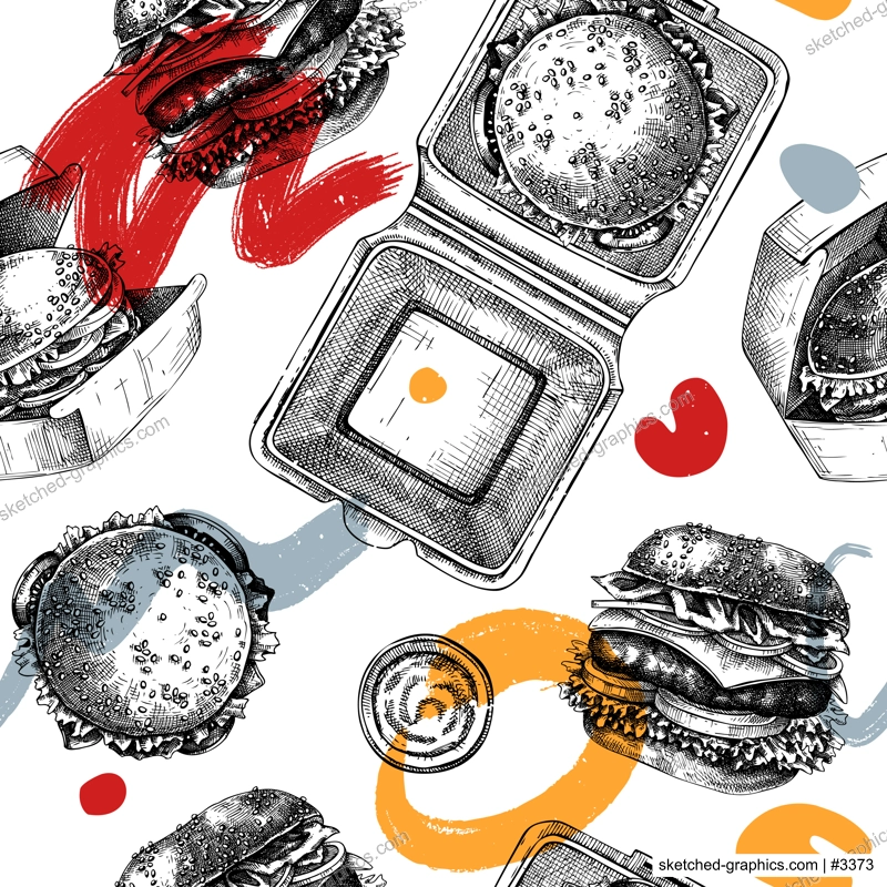 Collage-style fast food restaurant background. Burgers seamless pattern. Hand drawn vector illustration. Cardboard boxes for takeaway food, food delivery paper, plastic container sketches.