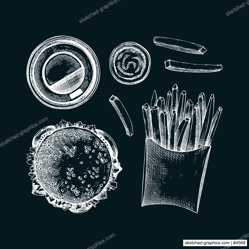Fast food hand drawn vector illustrations. Burger, coffee cup, French fries sketches on chalkboard. Takeaway food or restaurant delivery service design elements
