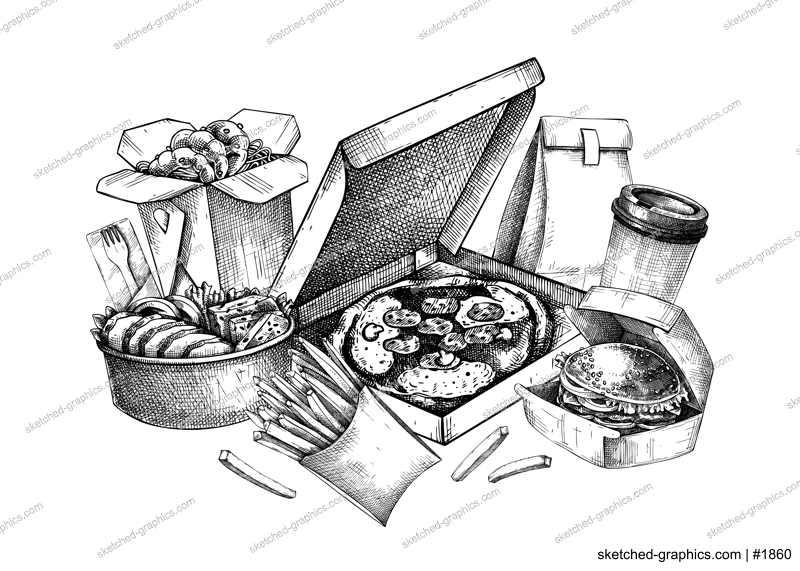 Engraved fast food. Hand-drawn vector illustration on chalkboard. Burger, pizza box, paper bag, coffee cup sketch. Takeaway food menu design. Restaurant delivery banner template