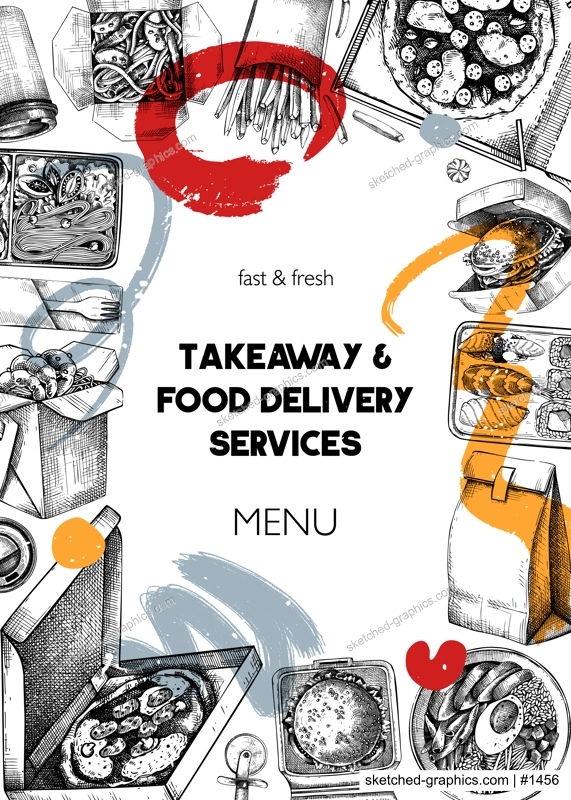 Collage style fast food frame. Hand-drawn vector illustration. Burger, pizza box, paper bag, coffee cup sketch. Takeaway food flyer template, delivery menu design, trendy background