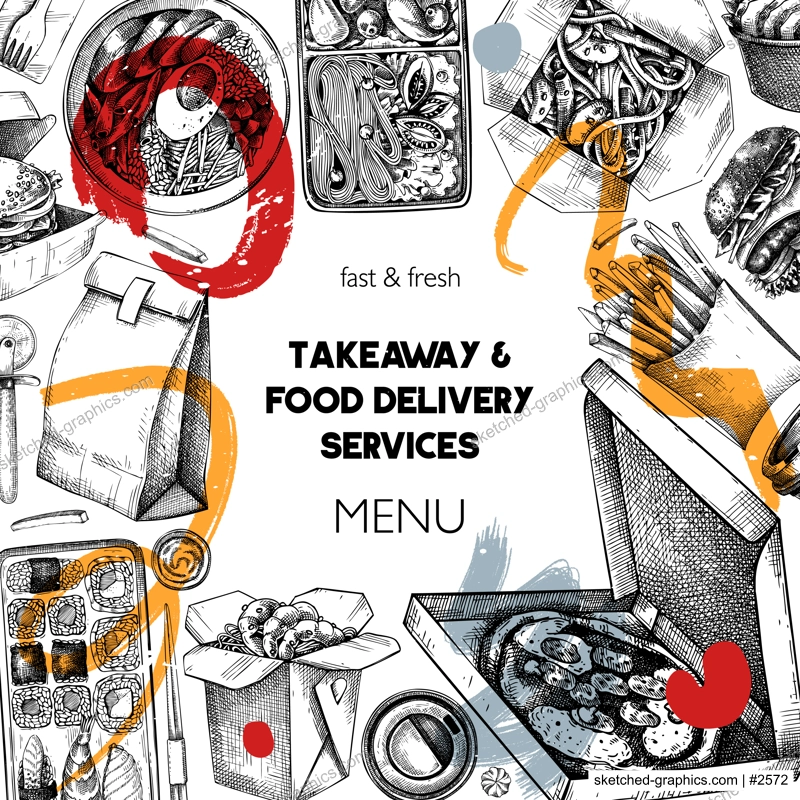 Collage style fast food frame. Hand-drawn vector illustration. Burger, pizza box, paper bag, coffee cup sketch. Takeaway food menu design. Restaurant delivery banner template. Trendy background