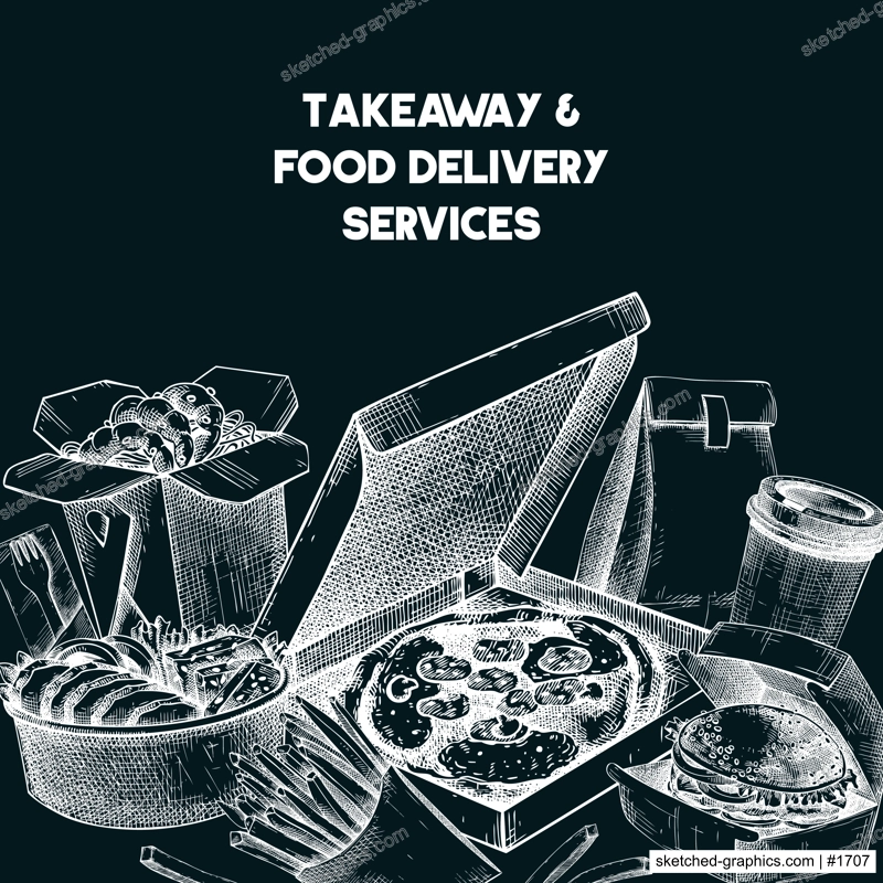 Engraved fast food background. Hand-drawn vector illustration on chalkboard. Burger, pizza box, paper bag, coffee cup sketch. Takeaway food menu design. Restaurant delivery banner template