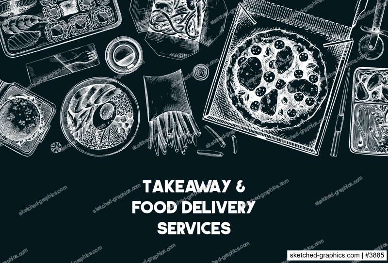 Fast food background. Hand drawn vector illustration on chalkboard.  Food delivery, takeaway food, takeout food in paper box, fast food menu design. Pizza, burger, coffee, noodles, poke, sushi sketch