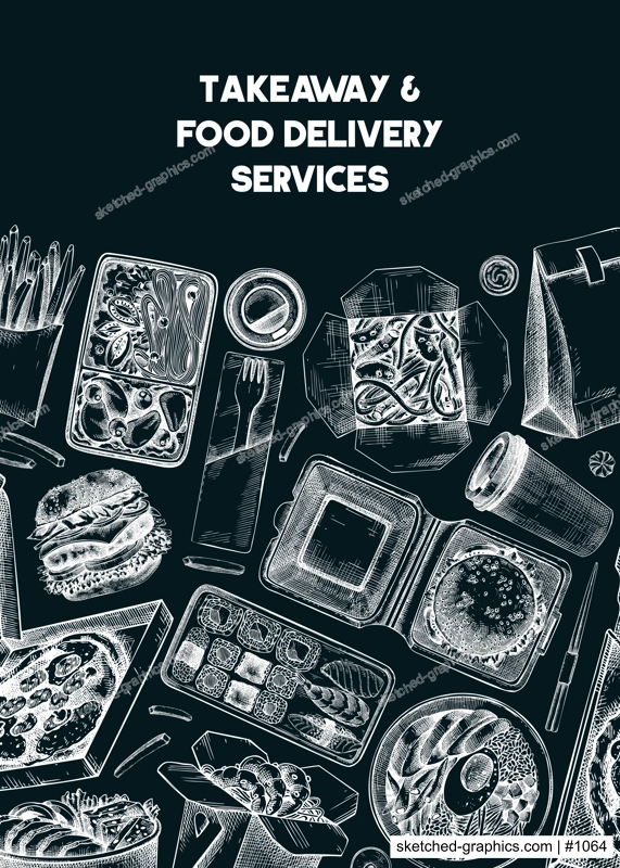 Engraved fast food restaurant flyer. Hand-drawn vector illustration on chalkboard. Burger, pizza box, paper bag, coffee cup sketch. Takeaway food or delivery menu design, poster template