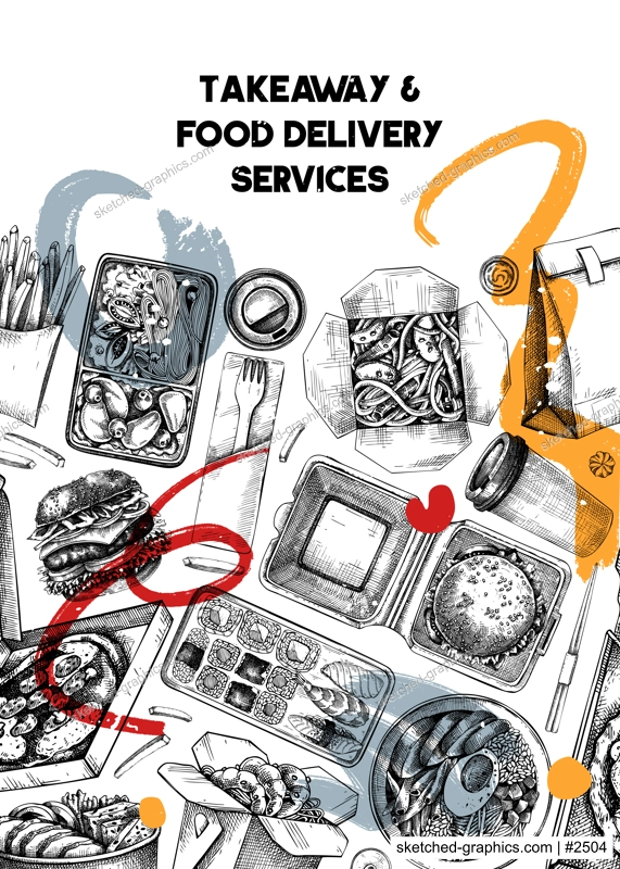 Collage style fast food restaurant flyer. Hand-drawn vector illustration. Burger, pizza box, paper bag, coffee cup sketch. Takeaway food or delivery menu design, poster template, trendy background