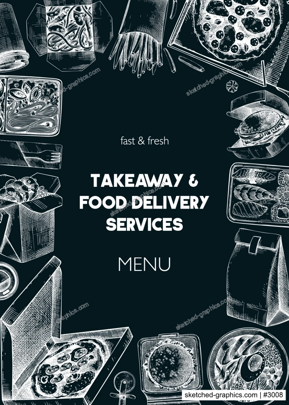 Engraved fast food restaurant flyer. Hand-drawn vector illustration on chalkboard. Burger, pizza box, paper bag, coffee cup sketch. Takeaway food or delivery menu design, poster template