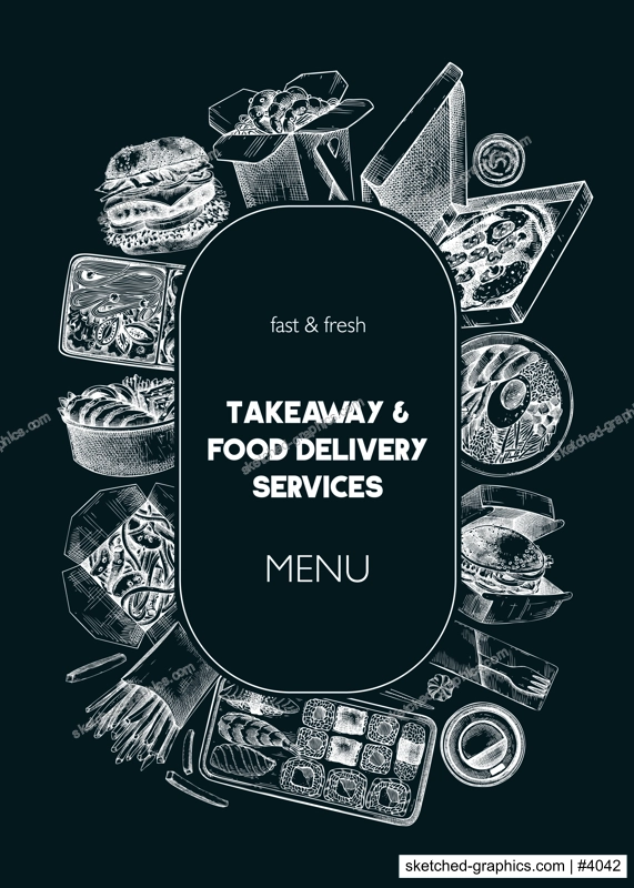 Engraved fast food restaurant flyer. Hand-drawn vector illustration on chalkboard. Burger, pizza box, paper bag, coffee cup sketch. Takeaway food or delivery menu design, poster template