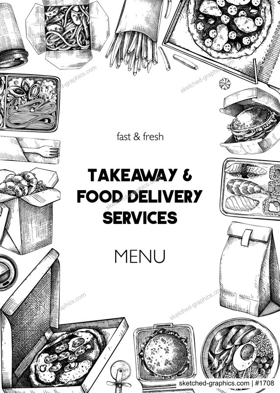 Engraved fast food restaurant frame. Hand-drawn vector illustration. Burger, pizza box, paper bag, coffee cup sketch. Takeaway food or delivery menu design, poster template