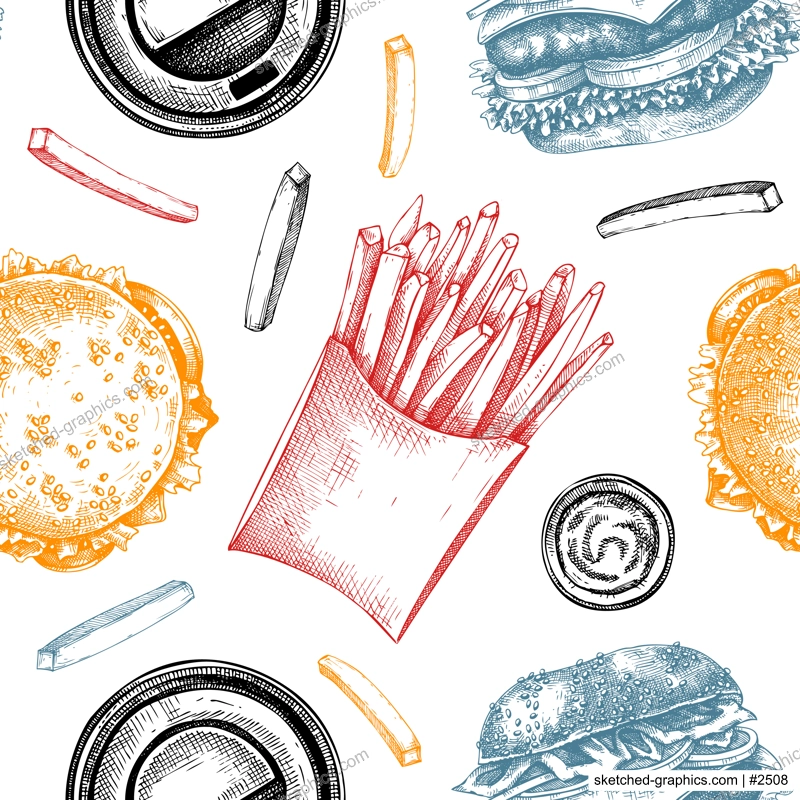 Fast food restaurant background. Street food seamless pattern. Hand drawn vector illustration. For takeaway food or delivery service. Burger, French fries, coffee sketches