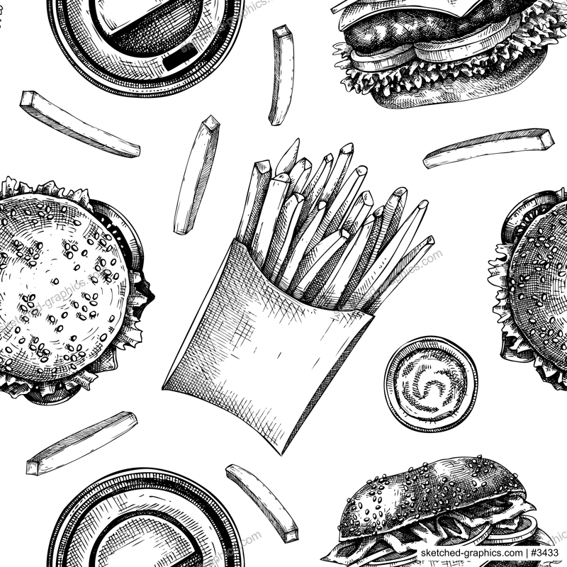 Fast food restaurant background. Street food seamless pattern. Hand drawn vector illustration. For takeaway food or delivery service. Burger, French fries, coffee sketches