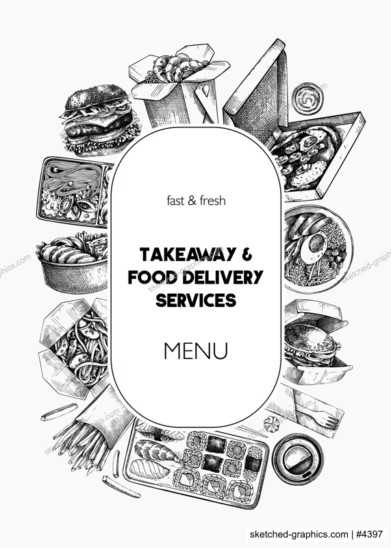 Engraved fast food restaurant wreath. Hand-drawn vector illustration. Burger, pizza box, paper bag, coffee cup sketch. Takeaway food or delivery menu design, poster template