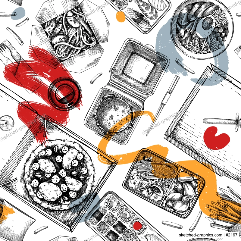 Fast food seamless pattern. Hand-drawn vector illustration. Burger, pizza, poke, sushi, coffee sketches. Takeaway food and restaurant delivery background. Engraved style, top view, collage style