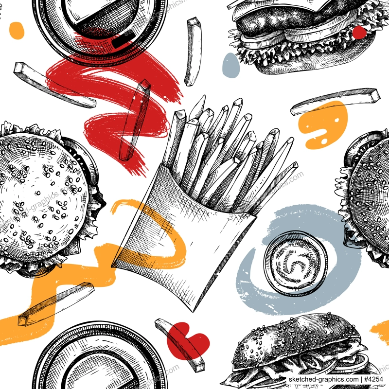 Collage-style fast food restaurant background. Street food seamless pattern. Hand drawn vector illustration. For takeaway food or delivery service. Burger, French fries, coffee sketches