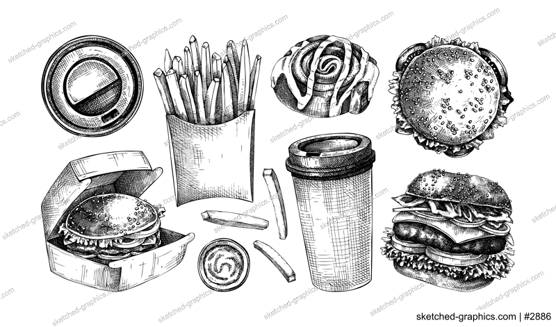 Fast food hand drawn vector illustrations. Burger, coffee cup, French fries sketches. Takeaway food or restaurant delivery service vintage style design elements. 