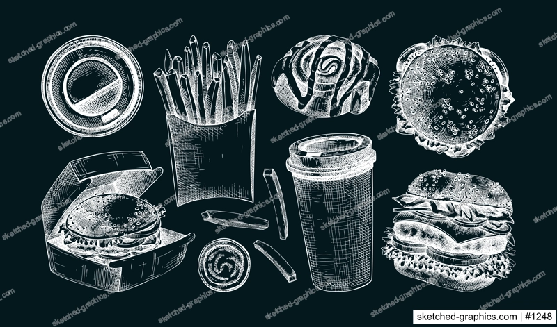 Fast food hand drawn vector illustrations. Burger, coffee cup, French fries sketches. Takeaway food or restaurant delivery service vintage style design elements on chalkboard