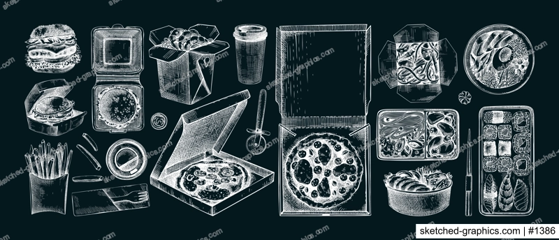 Fast food sketches set. Hand-drawn vector illustration of burger, pizza, poke, sushi, noodles. Cardboard boxes, bags for takeaway food, paper, plastic containers for food delivery. On chalkboard