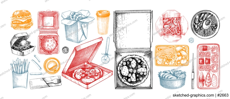 Fast food sketches set. Hand-drawn vector illustration of burger, pizza, poke, sushi, noodles. Cardboard boxes, bags for takeaway food, paper, plastic containers for food delivery. 