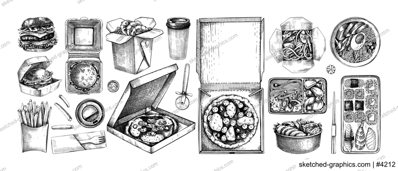 Fast food sketches set. Hand-drawn vector illustration of burger, pizza, poke, sushi, noodles. Cardboard boxes, bags for takeaway food, paper, plastic containers for food delivery